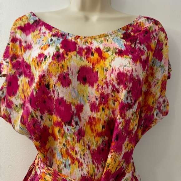 Como M Abstract Floral Belted Tunic Top, Vibrant Pink Yellow Print, Size M - Picture 9 of 11